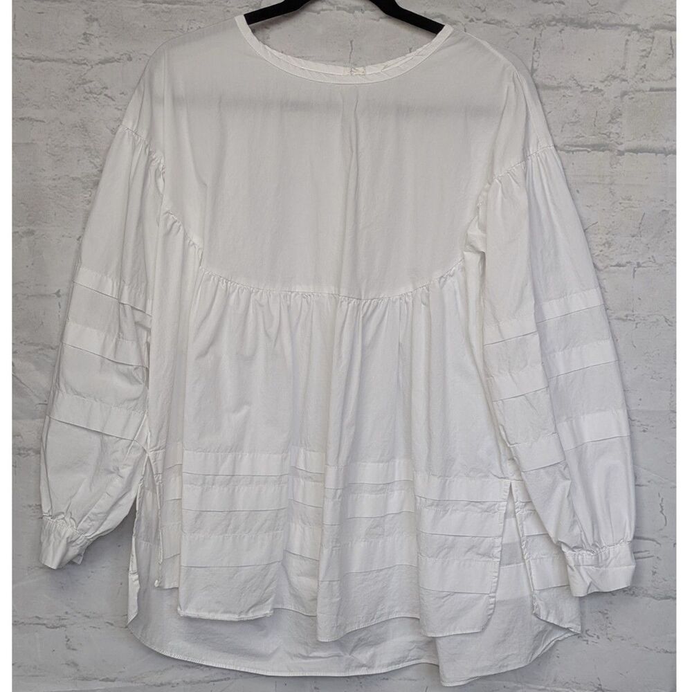 Anthropologie Eri + Ali White Cotton Pintuck Babydoll Tie Back Blouse S